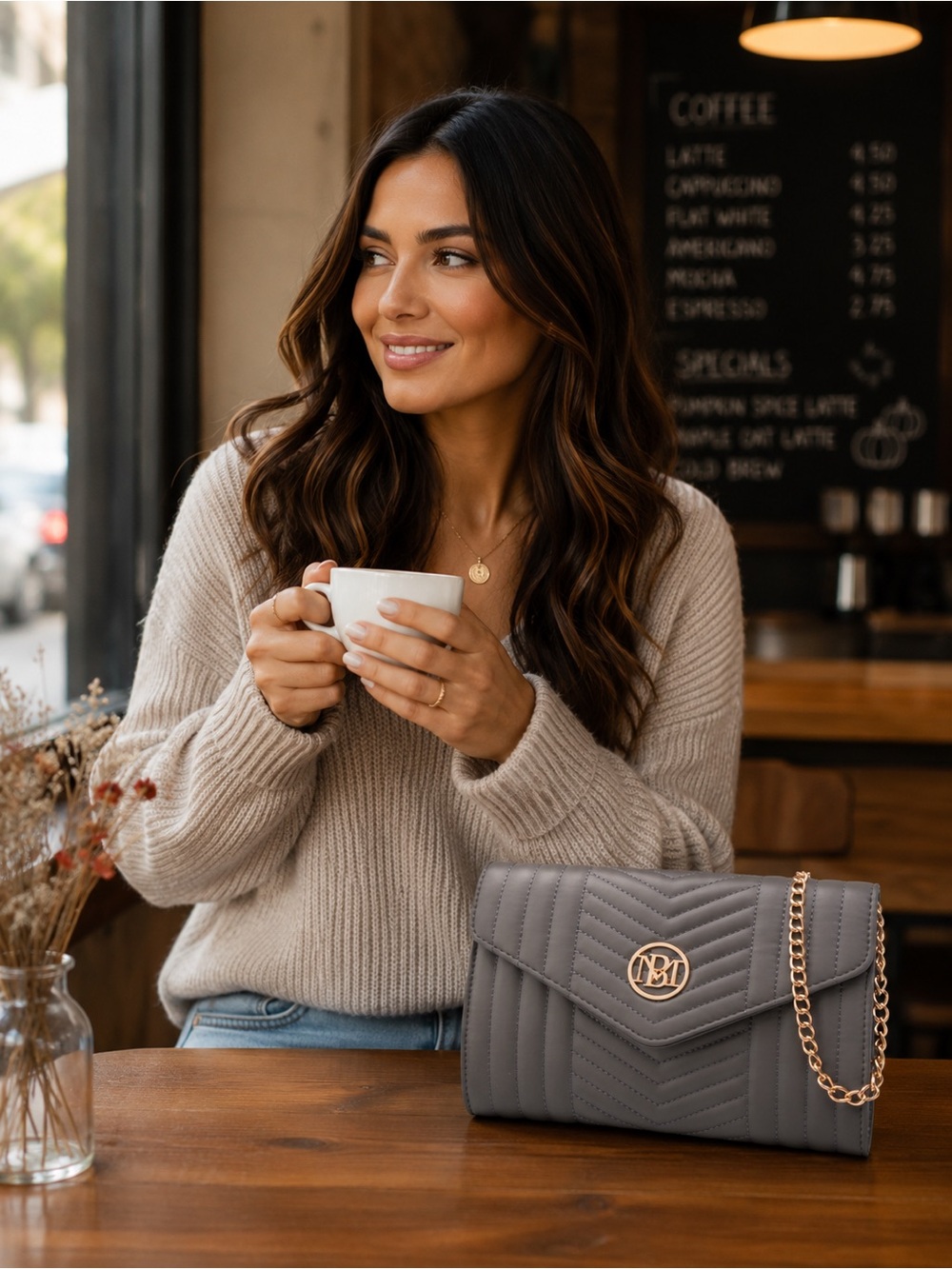 Badgley Mischka |Grey Vegan Leather Shoulder Bag | NWT | Gold Chain
